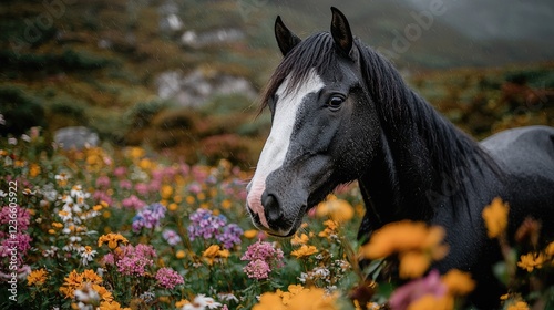 Black horse in mountain meadow wildflowers