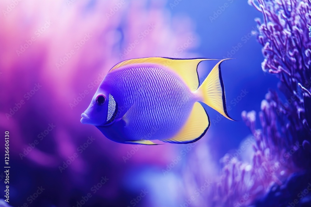 Vibrant Purple and Yellow Angelfish in Coral Reef Vibrant Purple and Yellow Angelfish in Coral Reef