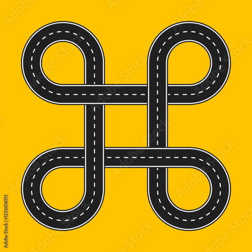 looped two line road, multilevel crossroads, four corners, blank vector template, yellow background