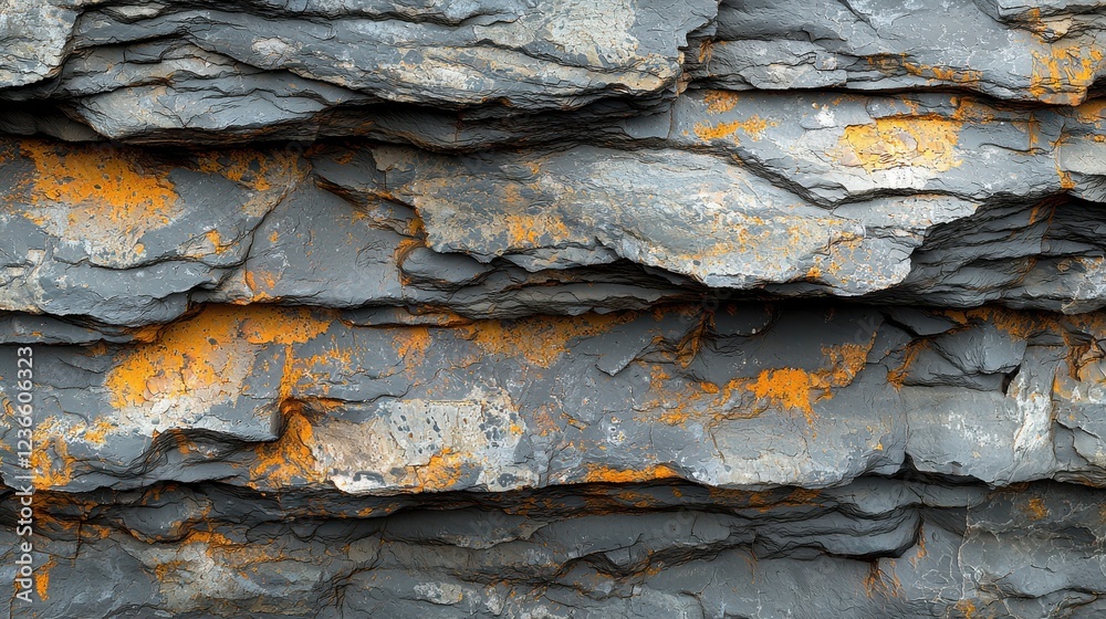 Rocky cliff surface with textured layers and orange lichen patches. rugged beauty of nature showcases interplay of colors and textures, creating striking visual