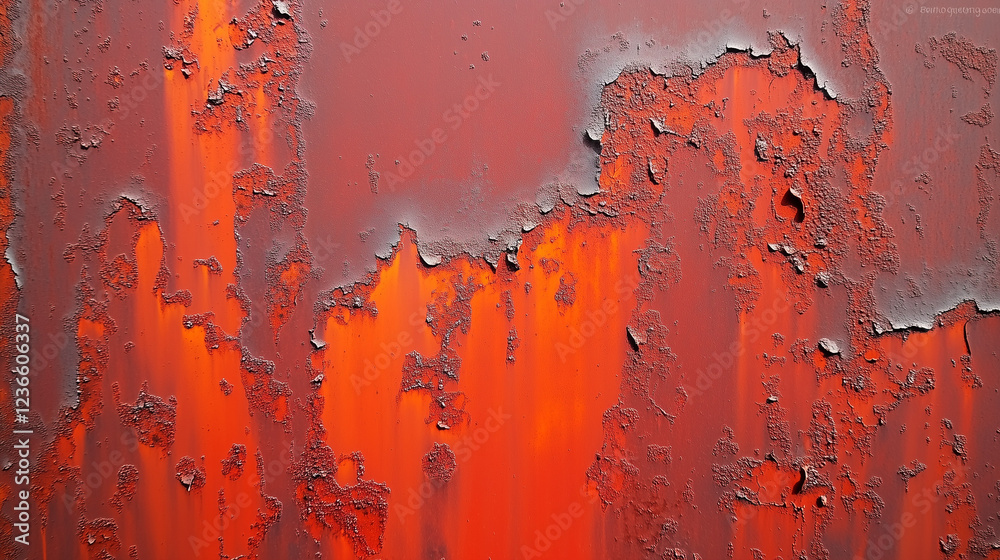 Fototapeta premium Close-up of a weathered, rusted metal surface with intricate, irregular patches and streaks of red, brown, and subtle hints of orange and black. The rough, flaky texture creates an abstract, industria