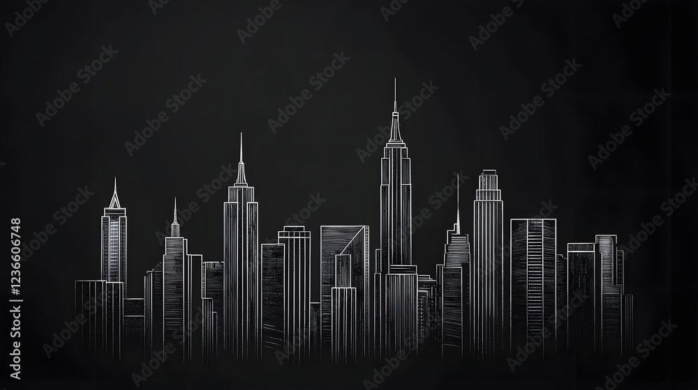 Naklejka premium Detailed Hand-Drawn City Skyline with Architectural Elements on Dark Background