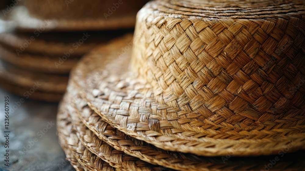 Fototapeta premium Textured surface of woven straw hats stacked on table, showcasing their intricate design and natural color. Perfect for summer fashion or outdoor activities