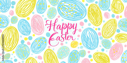 Easter-themed banner with colorful Easter eggs and the words 