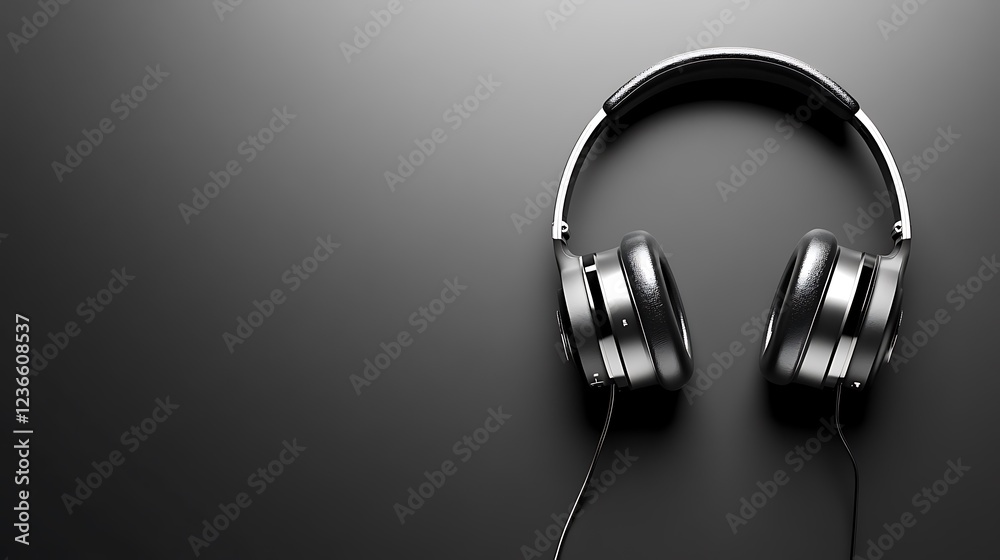 A glossy, monochromatic surface featuring a pair of contemporary headphones with metallic accents A glossy, monochromatic surface featuring a pair of contemporary headphones with metallic accents
