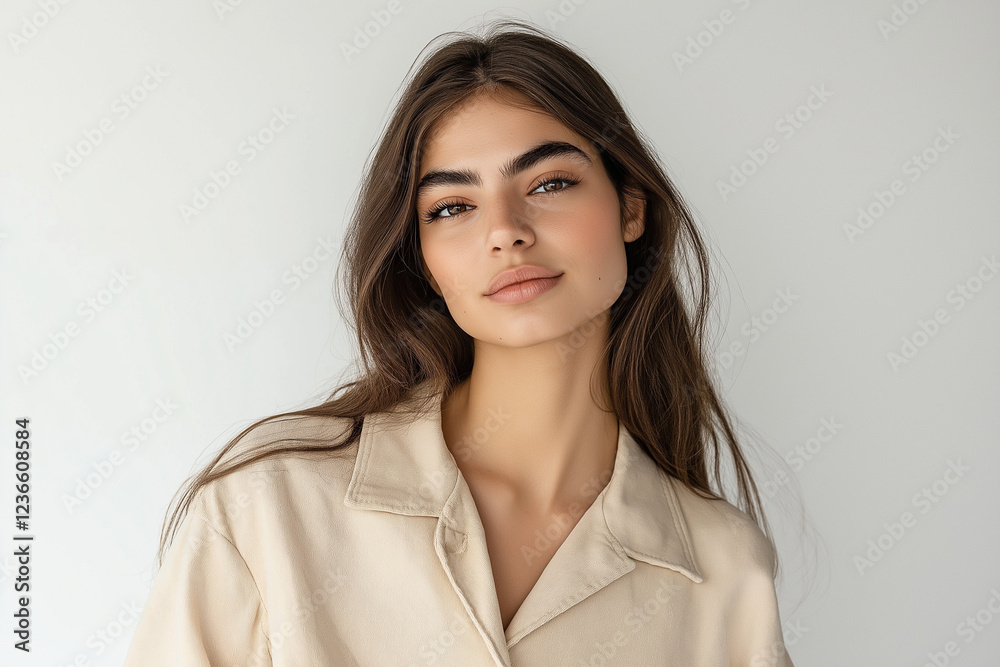 A commercial medium-full photograph of a European female model with natural-looking makeup, elegantly dressed in a cream-colored outfit. She confidently showcases the product A commercial medium-full photograph of a European female model with natural-looking makeup, elegantly dressed in a cream-colored outfit. She confidently showcases the product
