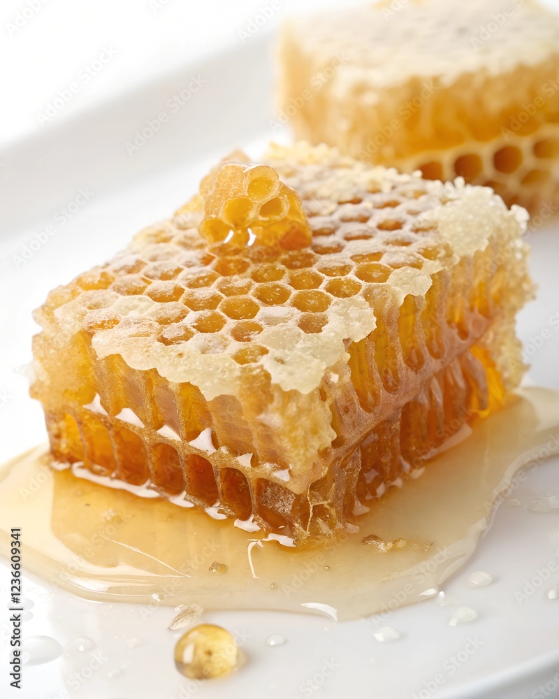 Natural honeycomb, gleaming and shimmering, gently dripping with fresh honey, accompanied by two fresh mint leaves.