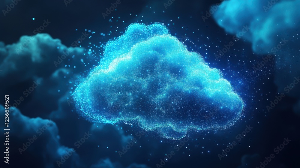 Fototapeta premium Cloud computing visualization in a server room, data flowing as glowing blue particles, high-tech infrastructure for digital storage and processing