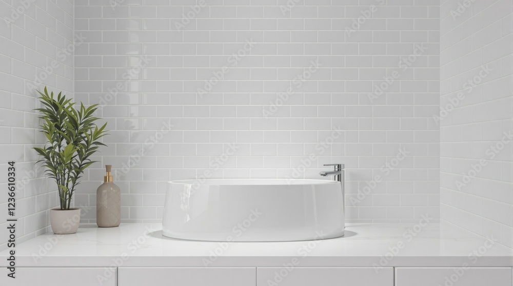 Fototapeta premium Sleek white subway tiles covering the walls of a modern bathroom, with a large format porcelain sink in the center, chrome accents, porcelain sink, interior design, bathroom fixtures