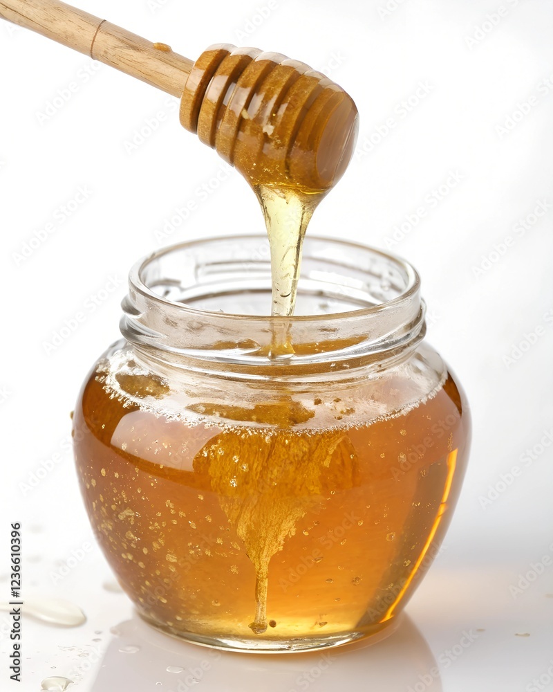 Natural honeycomb, gleaming and shimmering, gently dripping with fresh honey, accompanied by two fresh mint leaves.