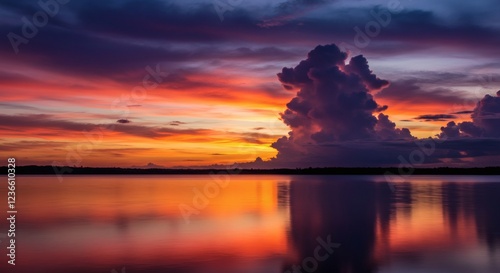 Stunning Sunset Lake Landscape with Colorful Sky Reflection photo