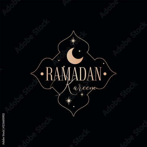 Ramadan Kareem background with Mosque under a Crescent Moon in an Arch Frame. Ramadan Mubarak greeting social media post template in line art style. Festive vector illustration.