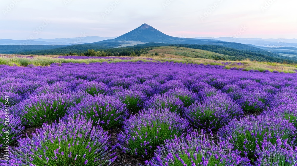 Obraz premium Lavender field blooming in rows with a prominent conical mountain peak in the background under a soft twilight sky.