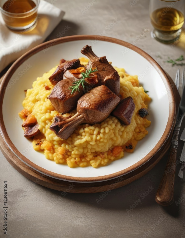 Saffron risotto in a shallow plate with braised veal shanks on top , soft and fluffy, aromatic rice, creamy rice