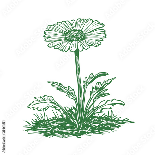 Flower in Linocut Style with Green and White Palette