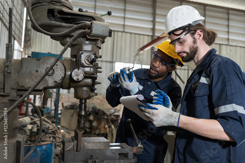 Group of professional male engineer maintenance automatics robotic arm welding in industry factory. Male engineer repairing automatic robotic arm machines