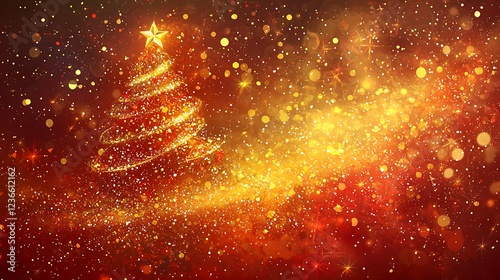 Christmas tree with gold stars and twinkling lights, set against a glowing red and gold bokeh background, creating a warm festive atmosphere.