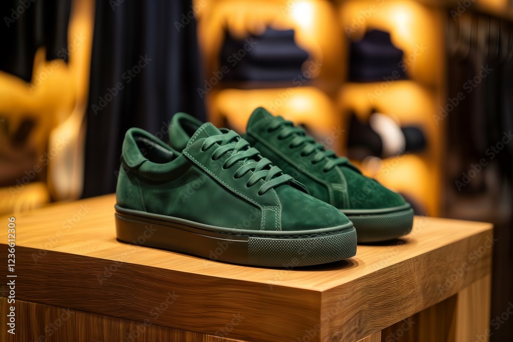 Green suede sneakers display. Elegant emerald suede sneakers on wooden display shelf with warm ambient lighting.