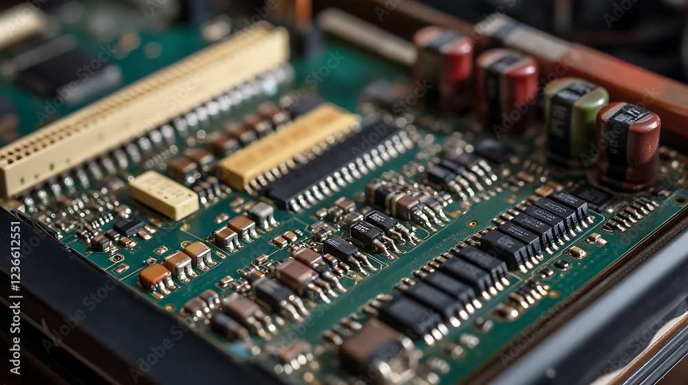 Close-up of a circuit board with various electronic components. Close-up of a circuit board with various electronic components.