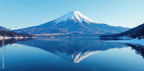 Reflection of snow-capped Fuji on the lake's surface, blue, snow