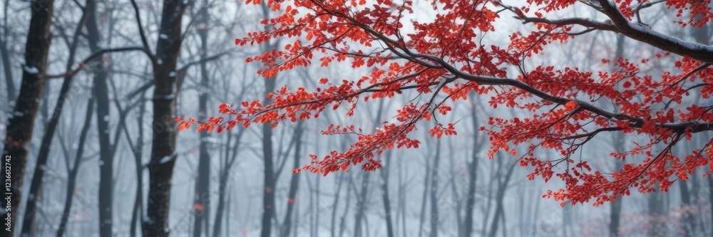 Red leaves cling to the branches of a bare tree suspended in mid-air above a snowy forest, tree branch, isolate object Red leaves cling to the branches of a bare tree suspended in mid-air above a snowy forest, tree branch, isolate object