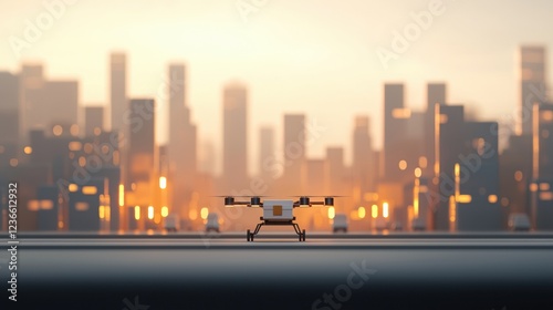 A drone captures a stunning sunset over a futuristic city skyline. photo