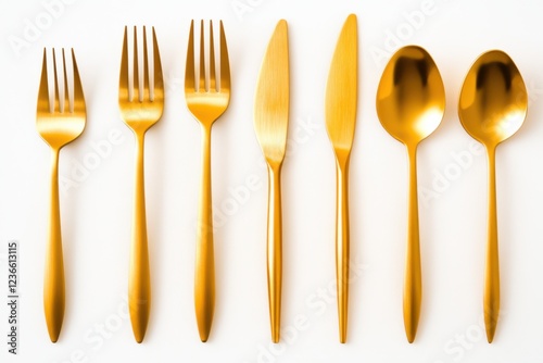 Stylish golden flatware set arranged in minimalist pattern on clean white background for contemporary dining aesthetics