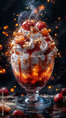 A vibrant dessert glass filled with whipped cream, fruits, and toppings, set against a dark, smoky background
