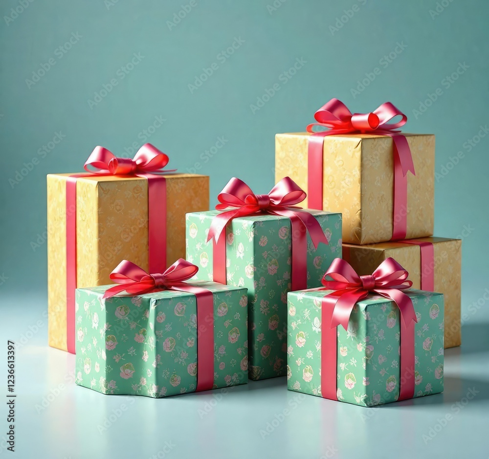 Obraz premium Presents wrapped in bright wrapping paper with bows , gift wrapping ideas, colorful presents