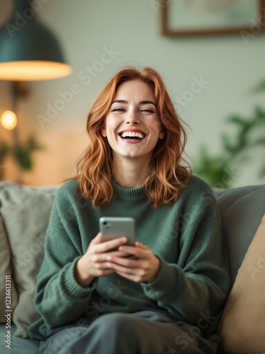 Smiling woman holding a smartphone – A cheerful young woman with red hair sitting on a cozy sofa, laughing while looking at her phone. Warm and natural indoor lighting.