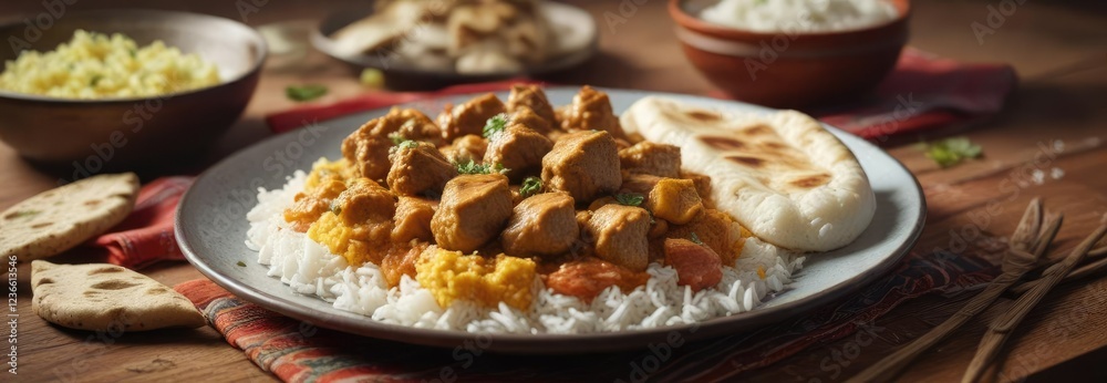 Fototapeta premium plate of steaming chicken curry with fluffy rice and a side of naan bread , golden brown , tender, spicy