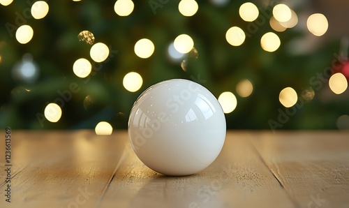 Christmas white glossy round bauble ornament on wooden table with Christmas tree decoration and blurred bokeh lights background.
