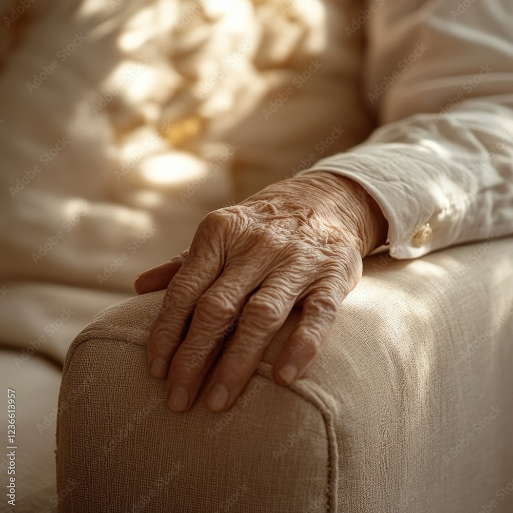 Fototapeta premium Comforting Presence: Senior Hand on Chair Armrest in Sunlight