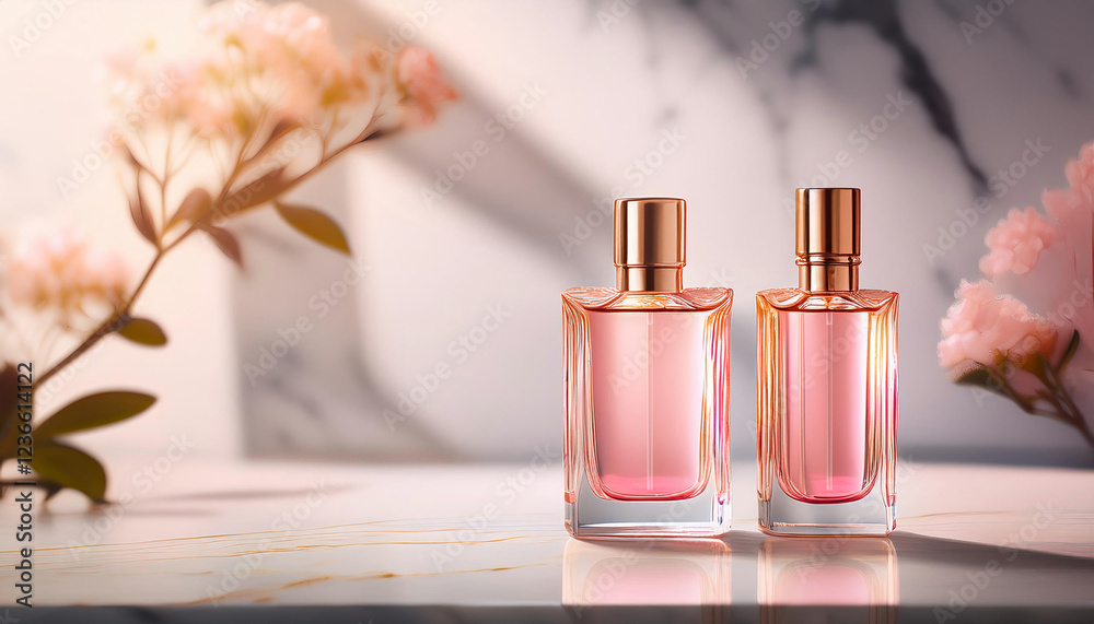 Elegant Blank Perfume Bottle Mockup with Pink Liquid in a Warm Temperature. Perfume with Marble Background and Natural Daylight. Elegant Blank Perfume Bottle Mockup with Pink Liquid in a Warm Temperature. Perfume with Marble Background and Natural Daylight.