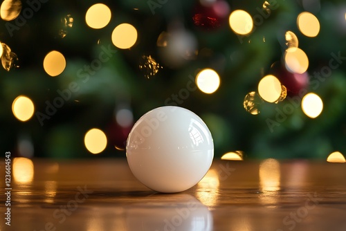 Christmas white glossy round bauble ornament on a wooden table with Christmas tree decoration and blurred bokeh lights background.