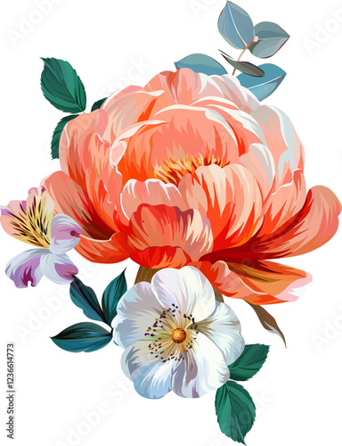 Vector bouquet of flowers. Roses, peonies, rose hips, foliage, bright summer flowers. Rose, peony