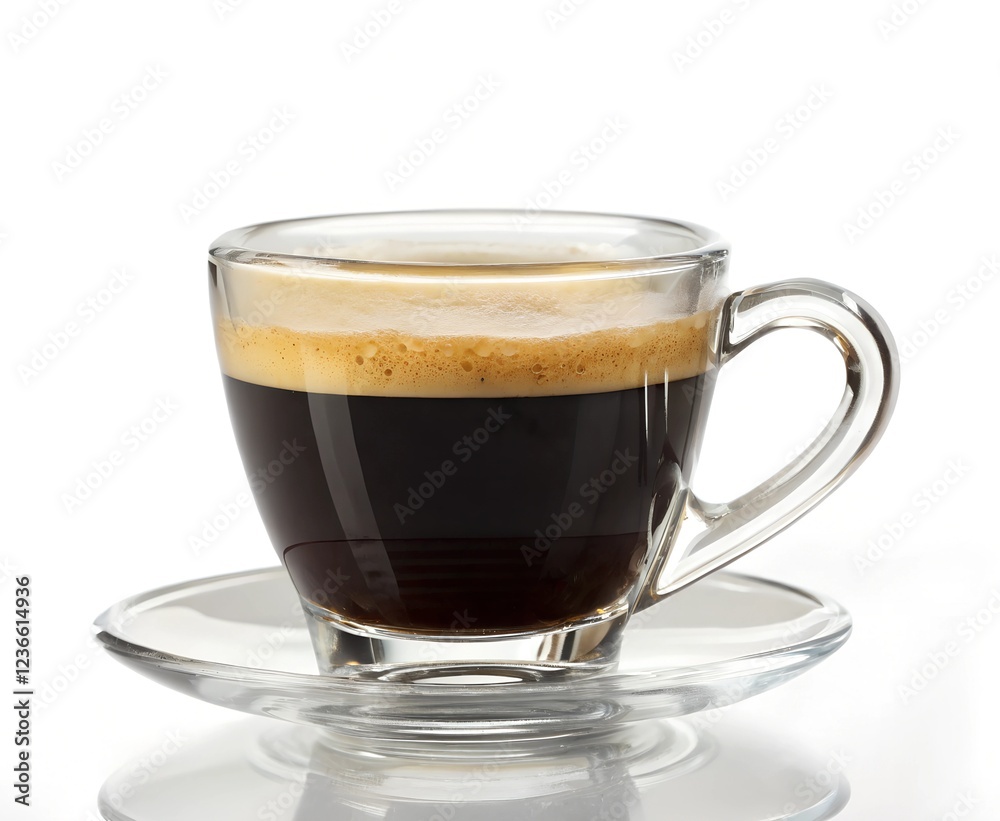 transparent glass cup filled with dark espresso, topped with a golden crema layer transparent glass cup filled with dark espresso, topped with a golden crema layer
