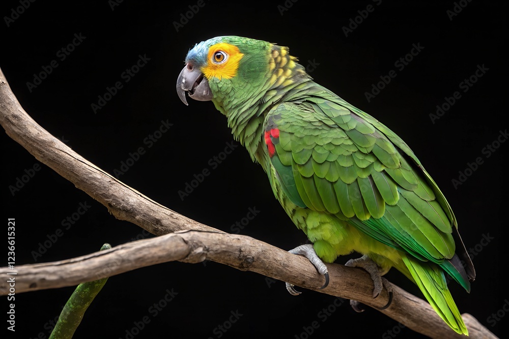 Amazon Parrot perched gracefully on a delicate branch. Its feathers are captured with extreme clarity, showcasing their vibrant colors and intricate texture. Amazon Parrot perched gracefully on a delicate branch. Its feathers are captured with extreme clarity, showcasing their vibrant colors and intricate texture.