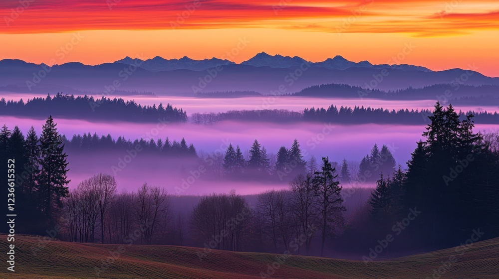 Fototapeta premium Majestic Mountain Range Sunrise Over Foggy Forest