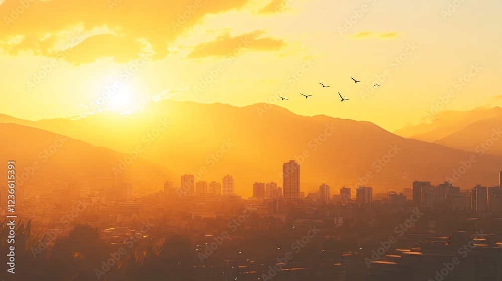 Golden Sunset Over Cityscape And Mountains Golden Sunset Over Cityscape And Mountains