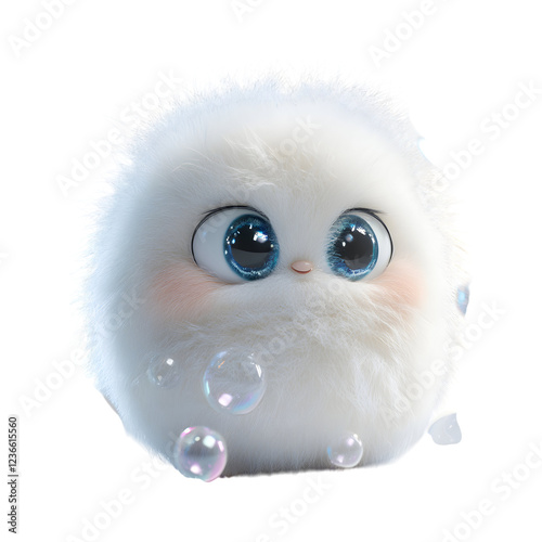 Fluffy 3D Cartoon Character Playing with Glowing Bubble Isolated on Transparent Background photo