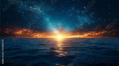 Cosmic Horizon: An awe-inspiring seascape illuminated by a breathtaking sunset, with a vibrant sky teeming with stars and a majestic milky way.