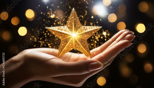 a delicate hand holds a glowing golden star surrounded by shimmering particles evoking a sense of wonder and magic