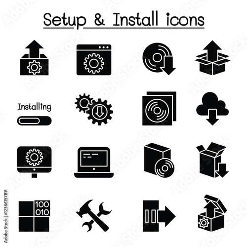 Setup, configuration, maintenance & Installation icon set in thin line style