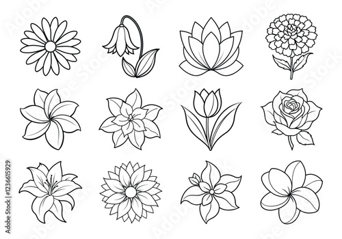 Flowers liner art set. Flowers vector bundle isolated on white background