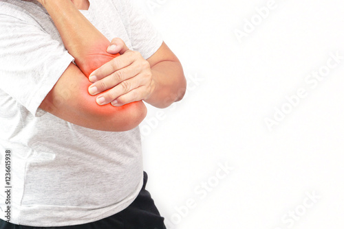 Woman suffering from elbow pain on white background. Healthcare and office syndrome concept.
