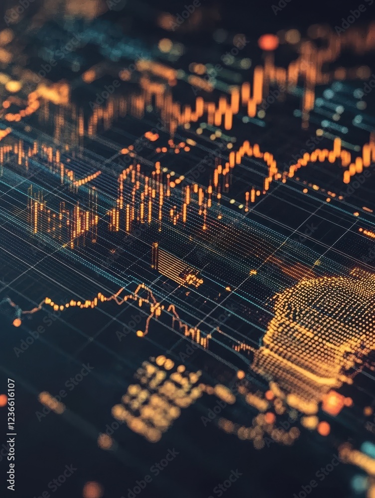 Fototapeta premium Creative forex chart with map on dark backdrop. Global trade and invest concept. 3D Rendering.