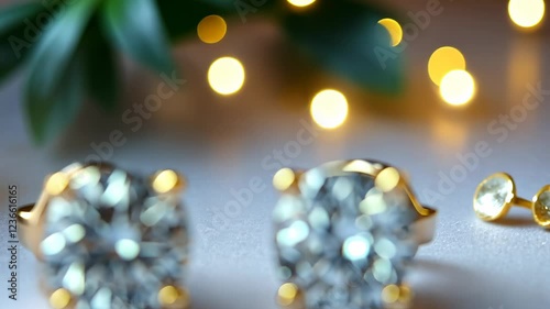 Elegant gold earrings with sparkling diamonds against a blurred bokeh background