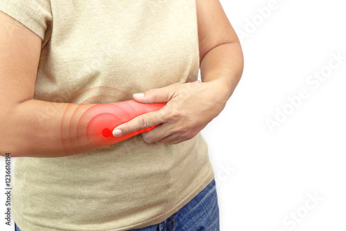 Woman with pain in wrist on white background. Healthcare and office syndrome concept.