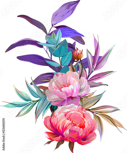 Vector bouquet of flowers. Roses, peonies, rose hips, foliage, bright summer flowers. Rose, peony